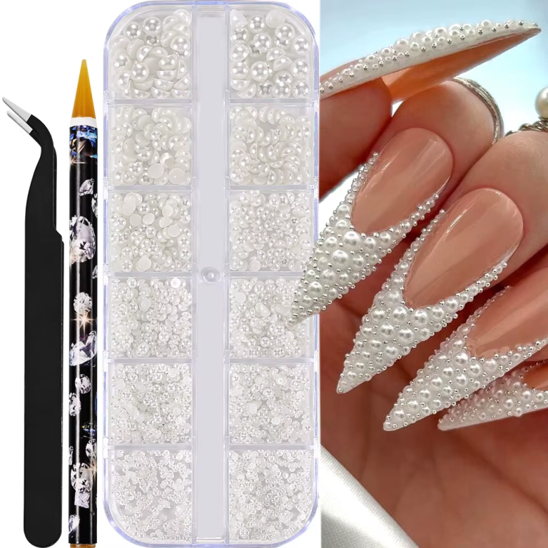A set of 12Grids Half Round Pearl Beads for nail art, accompanied by a pair of tweezers and a pencil-like tool, with an example of nails decorated with the beads.