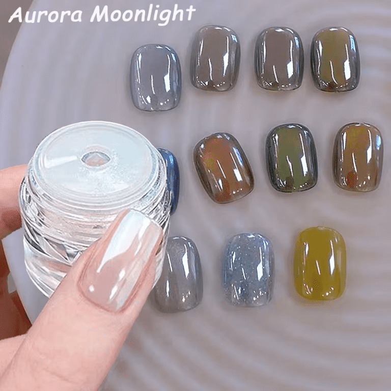 A jar of Plating Aurora Chrome Nail Powder with high gloss moonlight mirror fine glitter pigment, used for creating metallic nail designs.