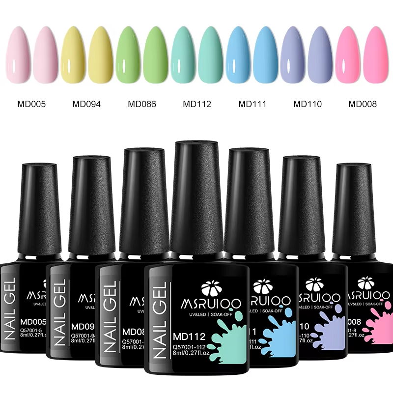 A collection of nail gel polish bottles and corresponding color samples in various shades, including light pink, yellow, light green, mint green, light blue, blue, lavender, and pink.