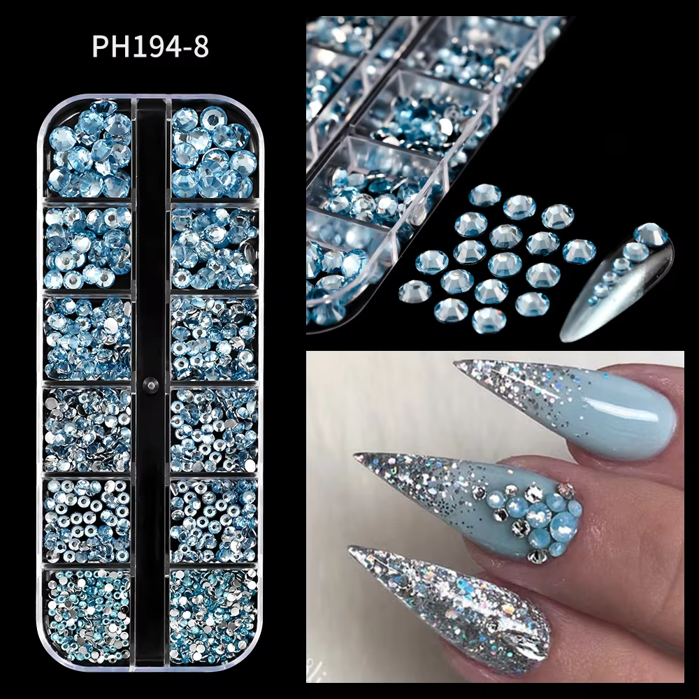 Blue rhinestones and beads organized in a plastic container with close-up images of nail art using these materials.