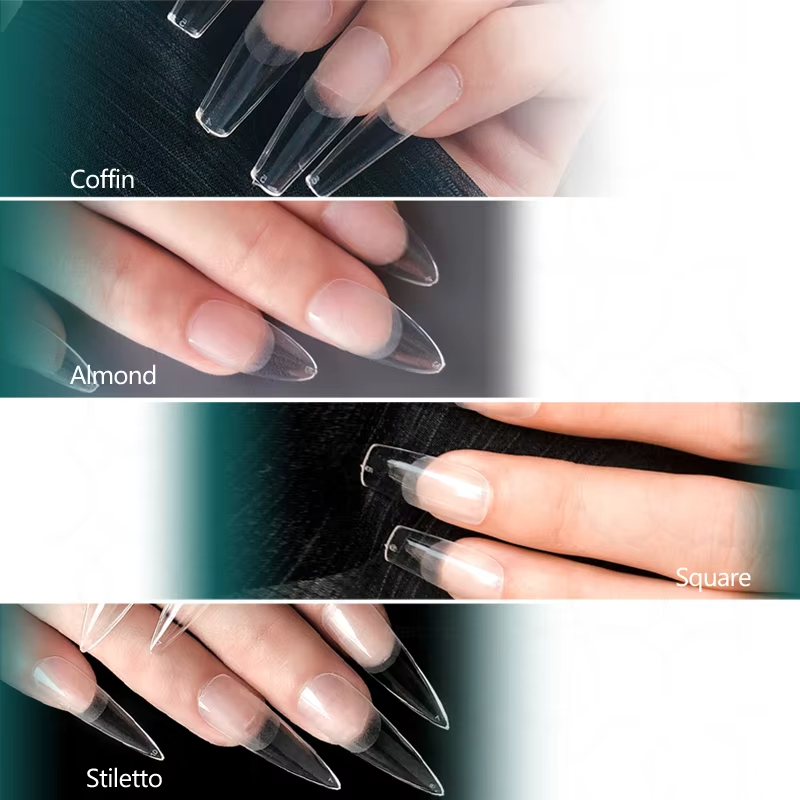 Four different types of nail shapes labeled as coffin, almond, square, and stiletto