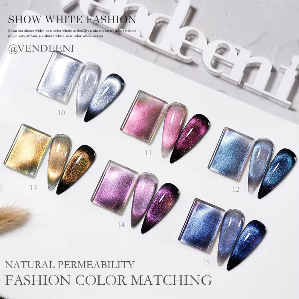 Various nail polish colors and designs displayed on a board.