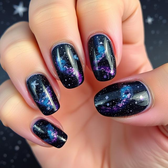 Galaxy-inspired nails with deep blue and purple hues, featuring star and planet designs.

