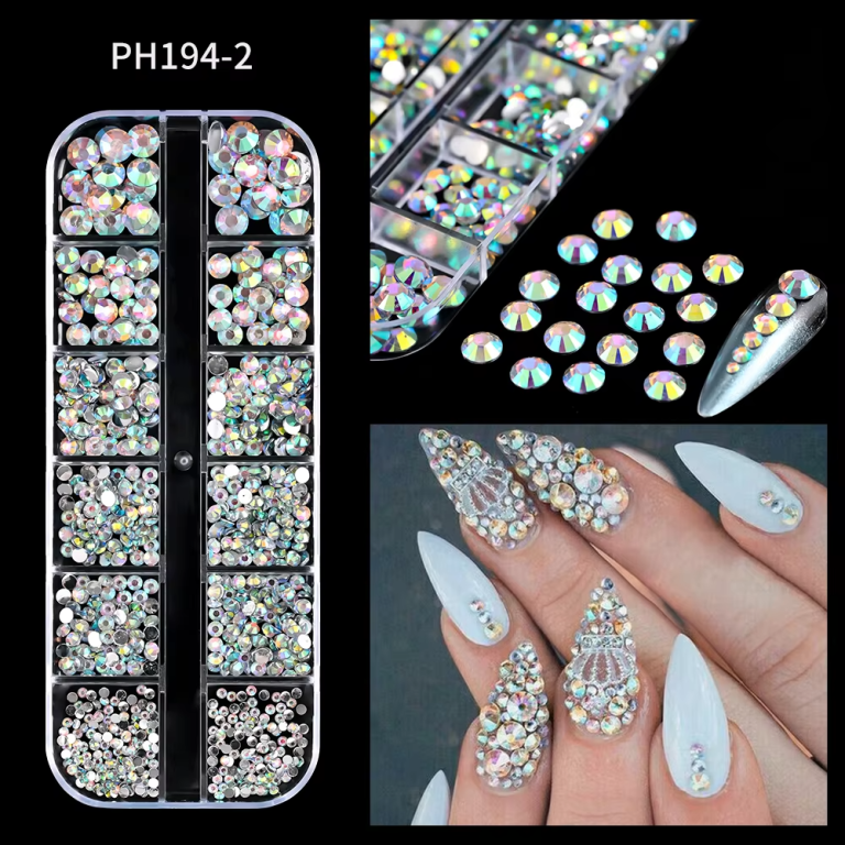 A collection of mixed nail rhinestones in various sizes and colors, displayed in a compartmentalized container, with examples of nail art using the rhinestones.