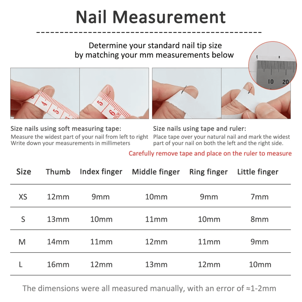 A guide image demonstrating the steps to measure nail sizes using a soft measuring tape or tape and a ruler. It also includes a size chart for different nail sizes (XS, S, M, L) with measurements for each finger.
