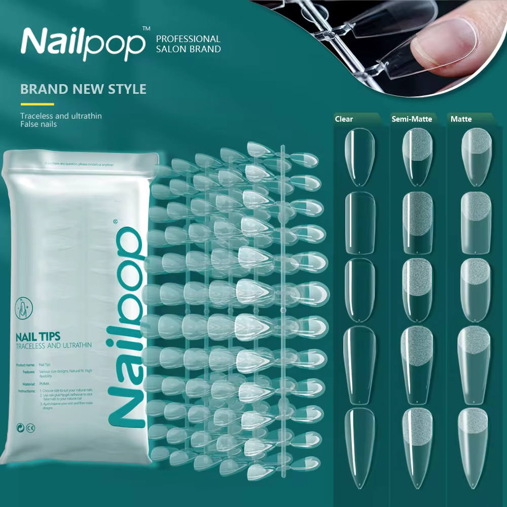 An advertisement for Nailpop brand professional salon quality nail tips, showcasing their traceless and ultrathin features.