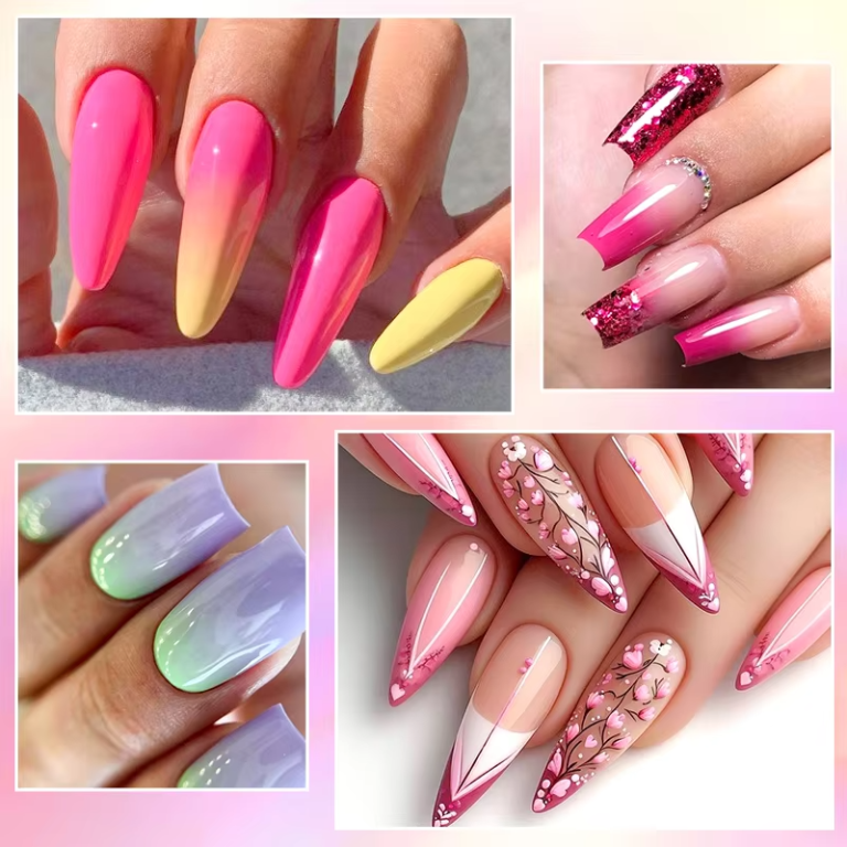 Various nail art designs featuring vibrant colors, gradients, glitter, and floral patterns.