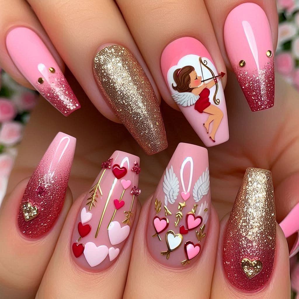 Valentine's Nails: Glittering Cupid's Arrow