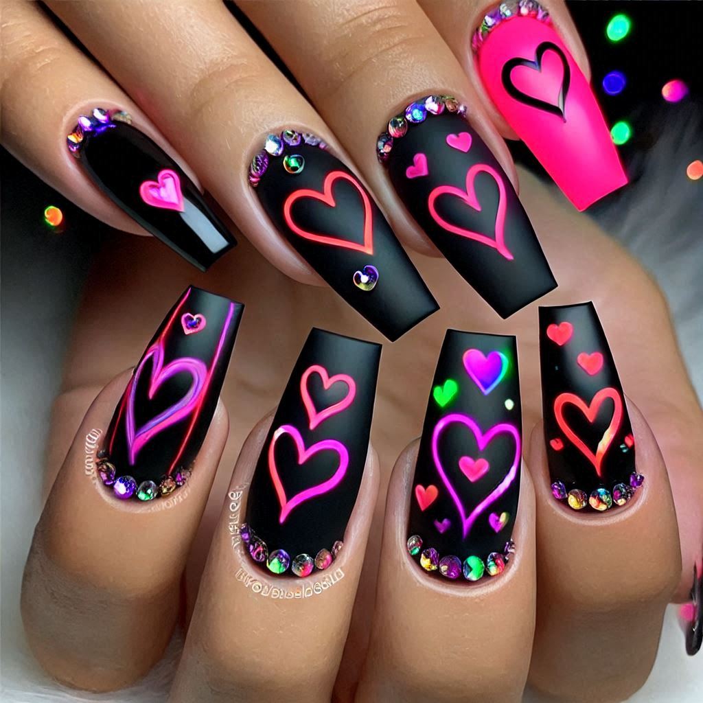 Valentine's Nails: Neon Love Glow