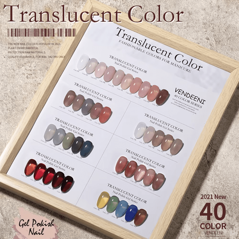 An artistic display of Vendeeni's 40 translucent nude and pink gel nail polishes arranged elegantly