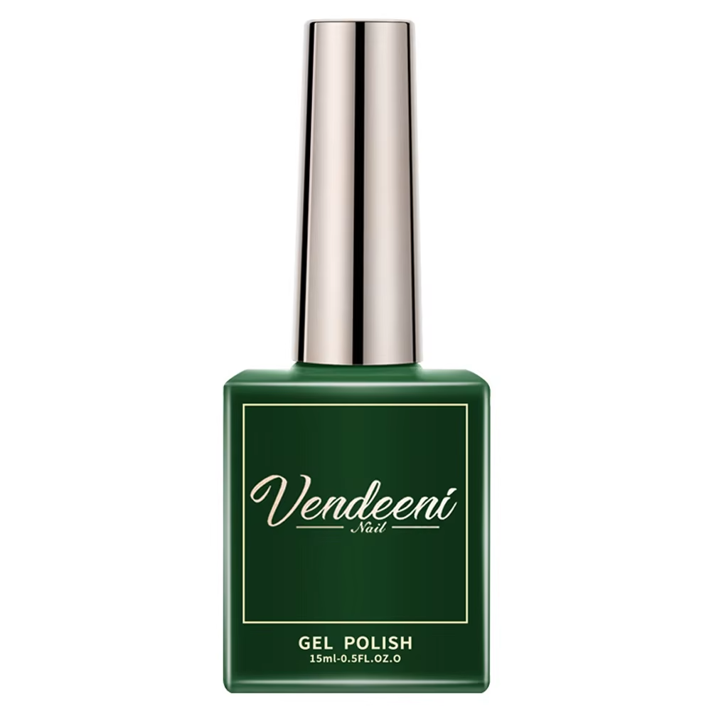 Green bottle of Vendeeni Nail Gel Polish with a metallic silver cap and text on the label.