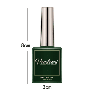 A dark green bottle of Vendeeni gel polish with a metallic silver cap, measuring 8 cm in height and 3 cm in width