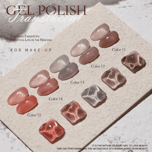 Promotional image for Vendeeni's translucent gel polish featuring a grid pattern of various translucent gel polish samples on a textured surface
