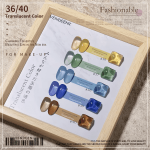 Display of Vendeeni translucent nail colors in a light wooden frame with six sets of colors including yellow, green, blue, purple, and brown