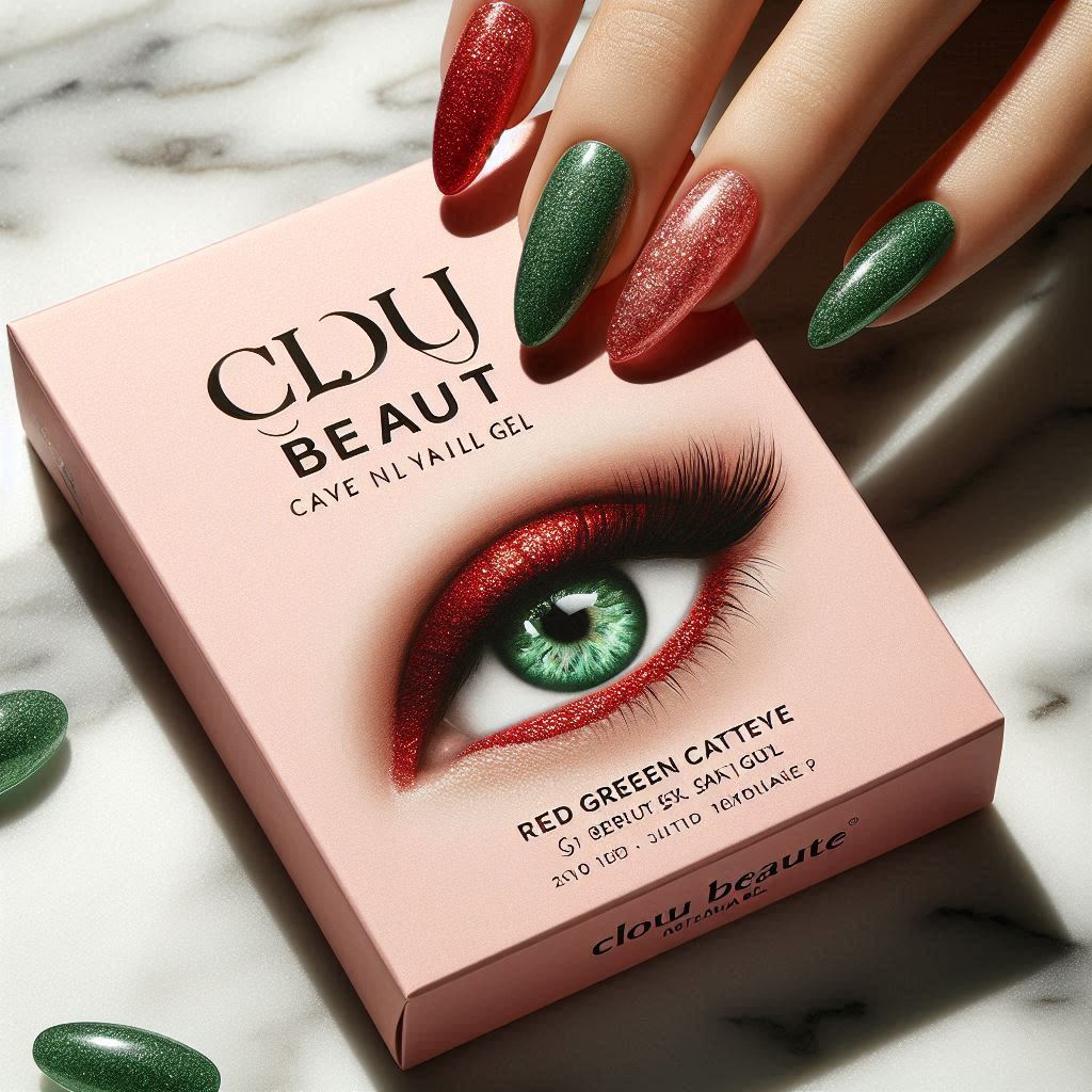  Clou Beaute Red Green Glitter Cat Eye Nail Gel packaging with nails