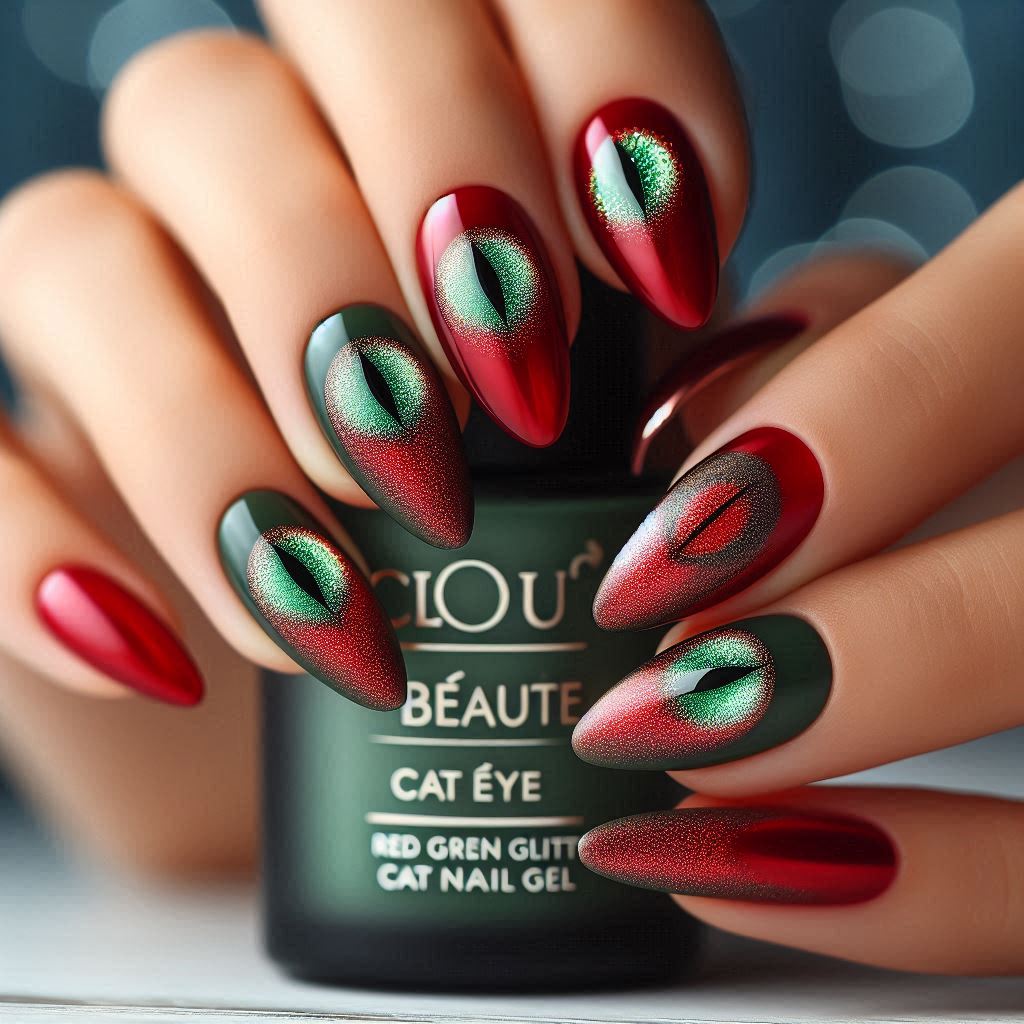 Red and green cat eye effect on nails with Clou Beaute Gel Polish