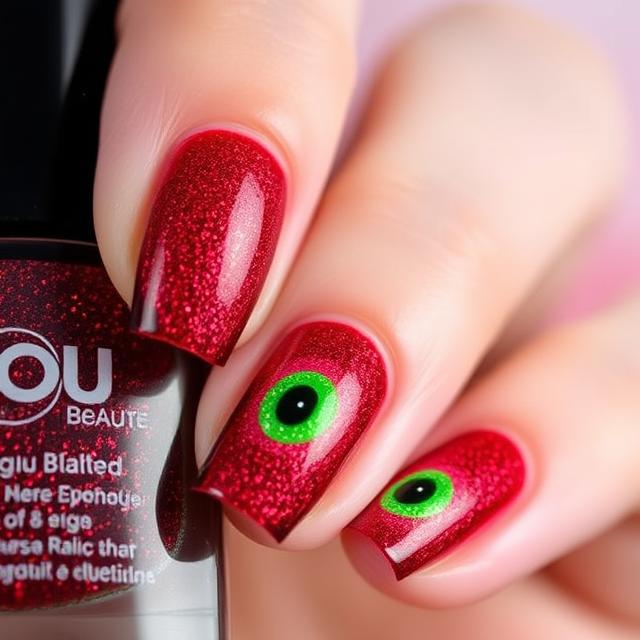 Close-up of nails with Clou Beaute Red Green Glitter Cat Eye Nail Gel